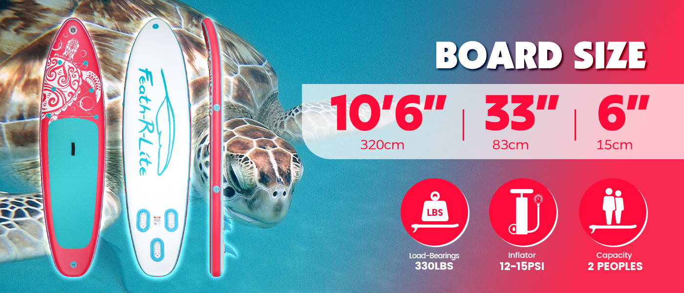 Inflatable paddle board size is 10'6" length, 33" width, load-bearings is 330LBS, inflator is 12-15PSI, capacity 2 peoples