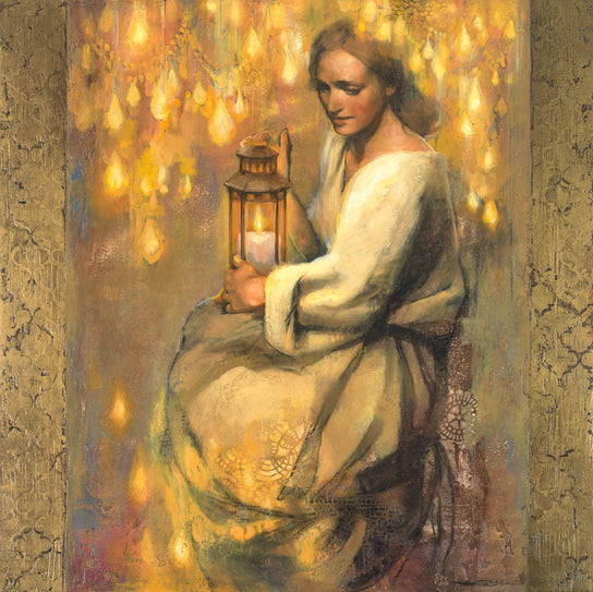 A woman holding a handle and surrounded by light. 