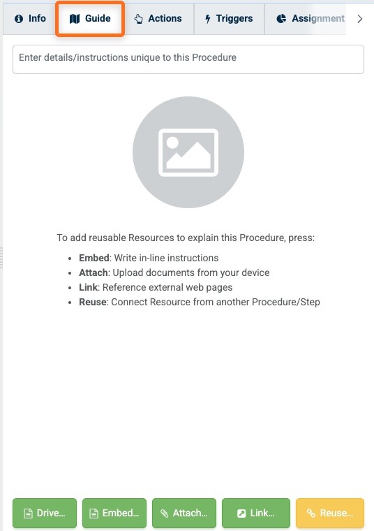 Procedure detail pane with the Guide tab activated