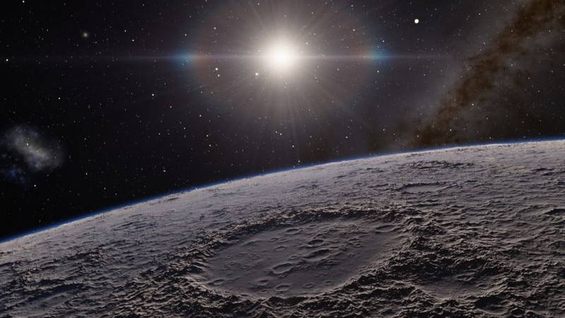 A conceptual image of the moon’s surface with the sun in the background.