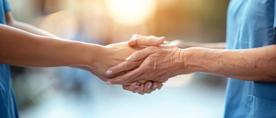 Touching hands between a nurse and a patient, symbolizing connection and empathy.