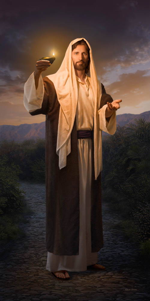Detailed painting of Jesus holding a glowing lamp, beckoning the viewer to follow.