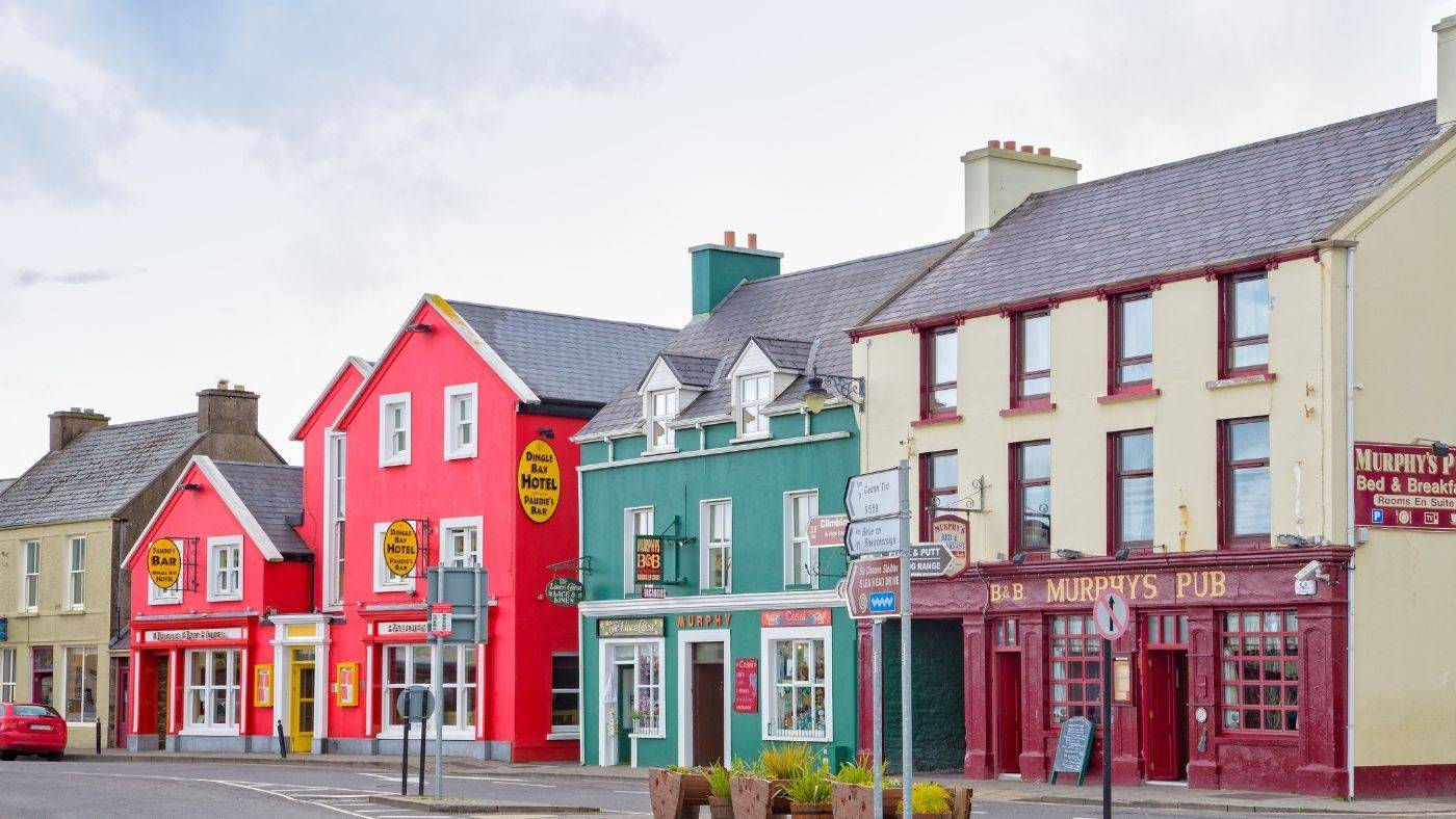 Ireland street with pink hotel and houses