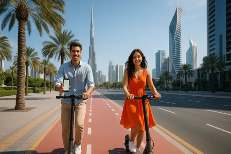 A smiling couple rides electric scooters on a city path in Dubai, with palm trees and the Burj Khalifa skyscraper in the background.