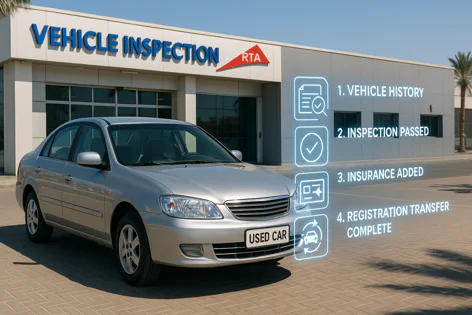 Silver used car outside a Vehicle Inspection building with RTA logo. Glowing text lists steps: Vehicle History, Inspection Passed, Insurance Added, Registration Transfer Complete.