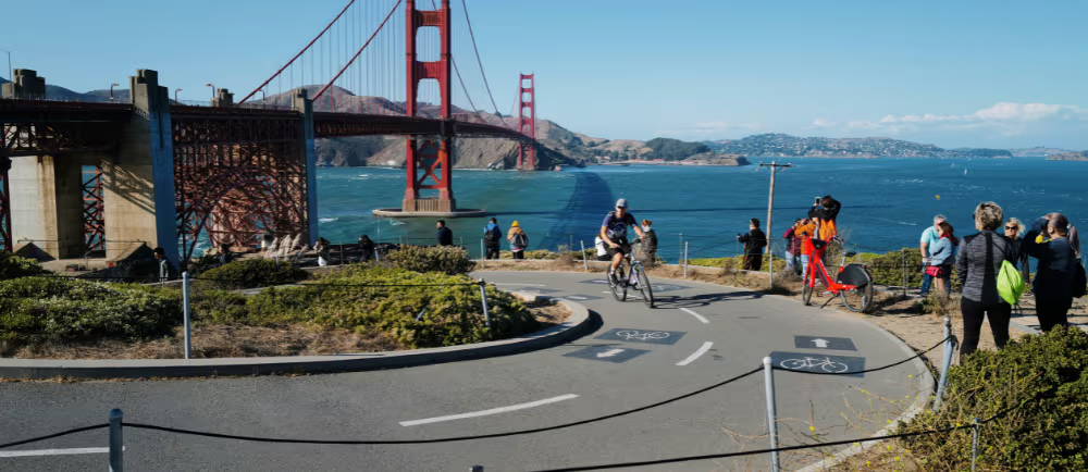 Pedestrians and cyclist in front of Golden Gate Bridge