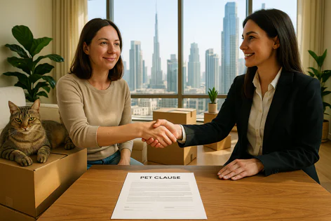 Two women shake hands over a "Pet Clause" document on a table, agreeing on a lease for an apartment with a cat and moving boxes present. City skyline background.