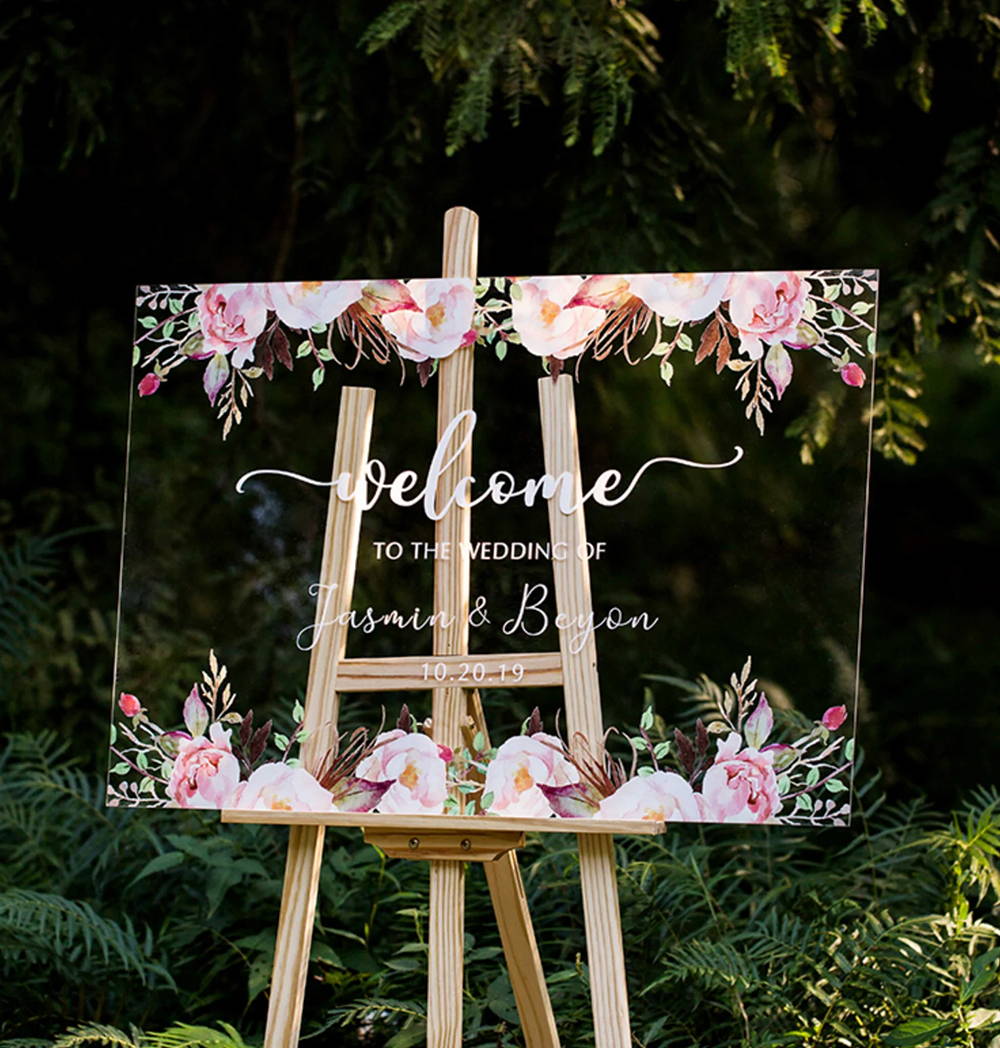 acrylic welcome wedding sign with stand