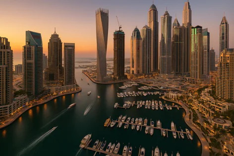 Sunset over Dubai Marina skyline with towering skyscrapers reflecting in the water, filled with parked yachts and moving boats creating wakes.