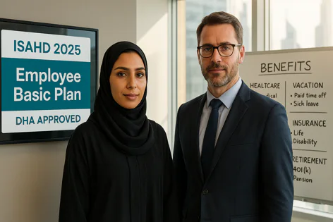 Professional man and woman standing beside a screen showing the "ISAFD 2025 Employee Basic Plan DHA APPROVED" and a whiteboard listing employee benefits.