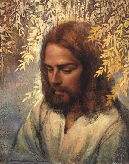 Portrait of Christ. He has a solemn expression and HIs head is surrounded by golden leaves. 