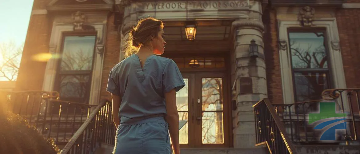 Travel nurse contemplates historic and modern healthcare at hospital entrance