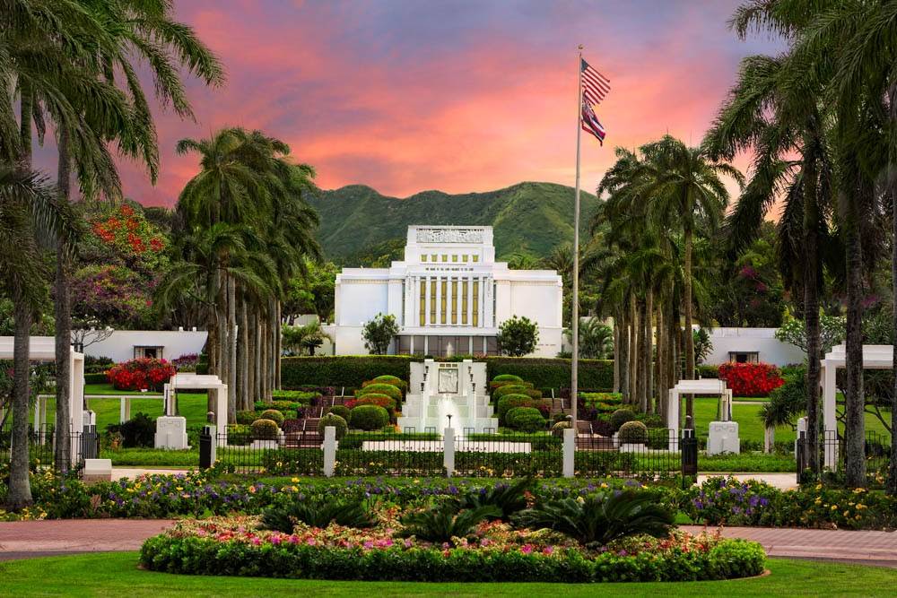 LDS art Laie Temple picture, featuring the tropical landscape of Hawaii. 