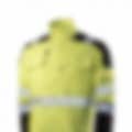 A bright yellow flame-resistant jacket with black accents and reflective stripes, designed with multiple pockets for industrial safety.