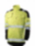 A bright yellow flame-resistant jacket with black accents and reflective stripes, designed with multiple pockets for industrial safety.