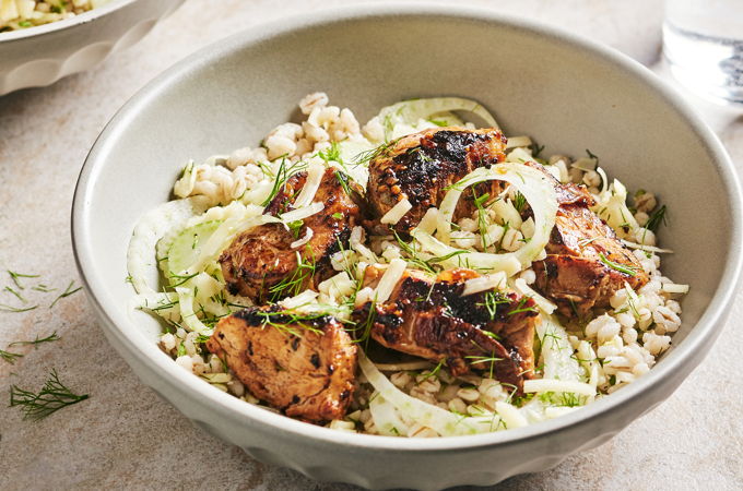 Grilled Pork with Barley, Fennel and Cheddar