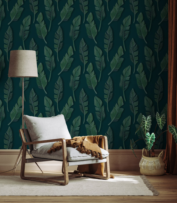 Blue & Green Jungle Leaf Wallpaper- Feathr Wallpapers