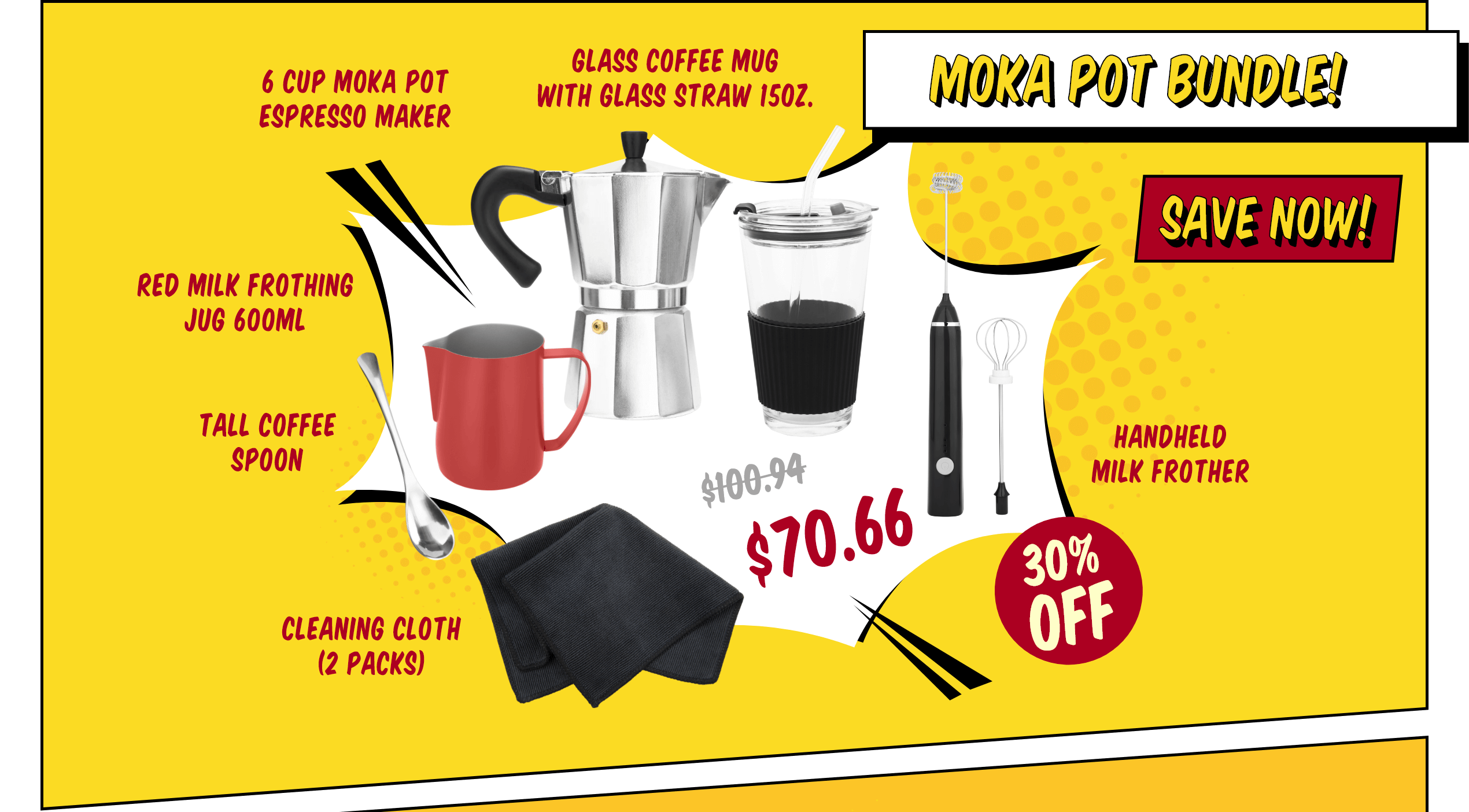 Moka Pot Bundle with Handheld Milk Frother, 15oz Glass Coffee Mug with Glass Straw, 6 Cup Moka Pot Espresso Maker, 600ml Red Milk Frothing Jug, Tall Coffee Spoon, 2 Packs Cleaning Cloth, Save now with 30% Off!  