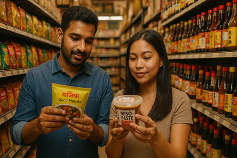 A couple browsing products in an international grocery store aisle, looking at a Sabil Masala packet and Miso Paste. Shelves filled with spices and sauces are visible.