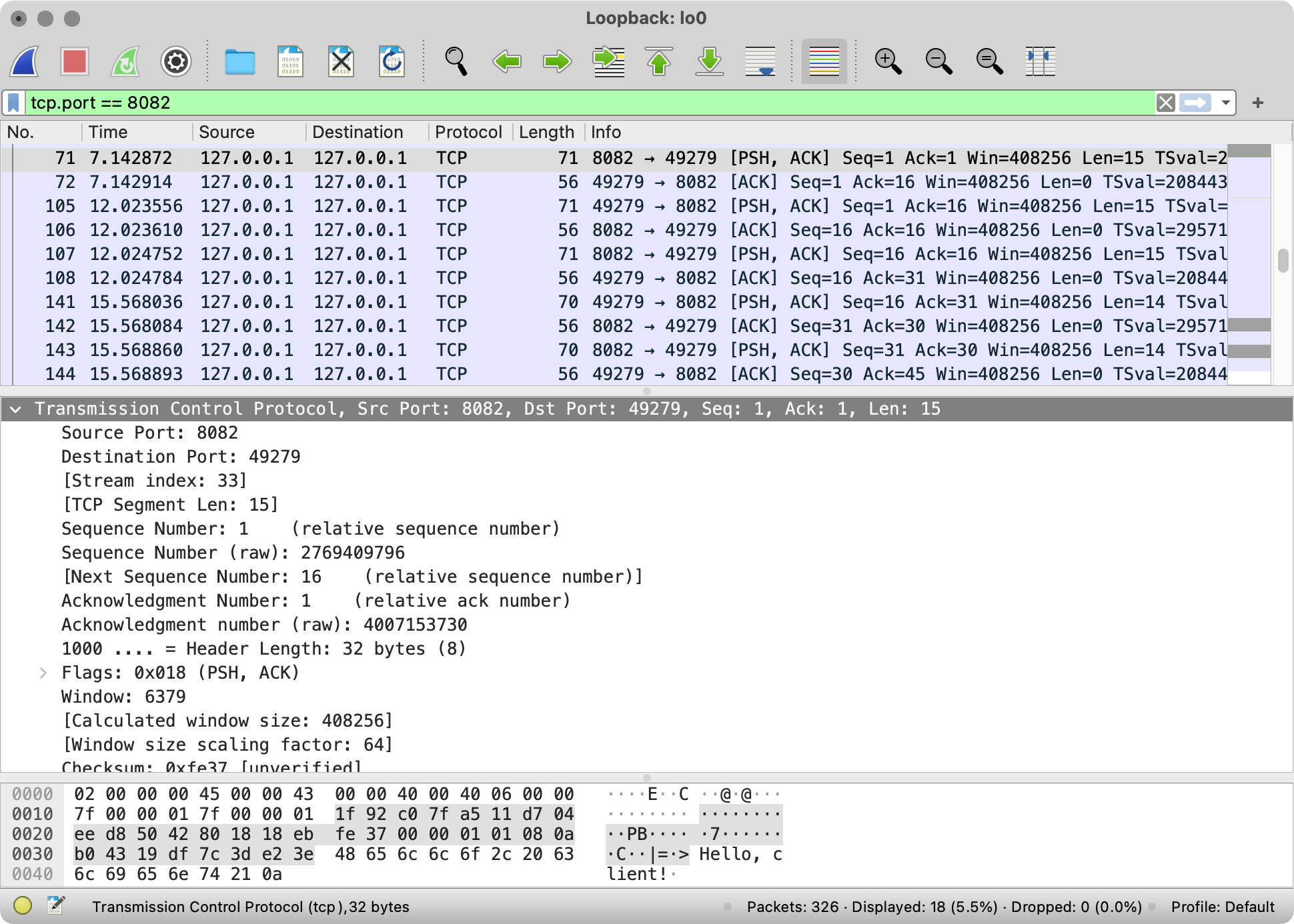 Example of a segment carrying payload in the Wireshark log
