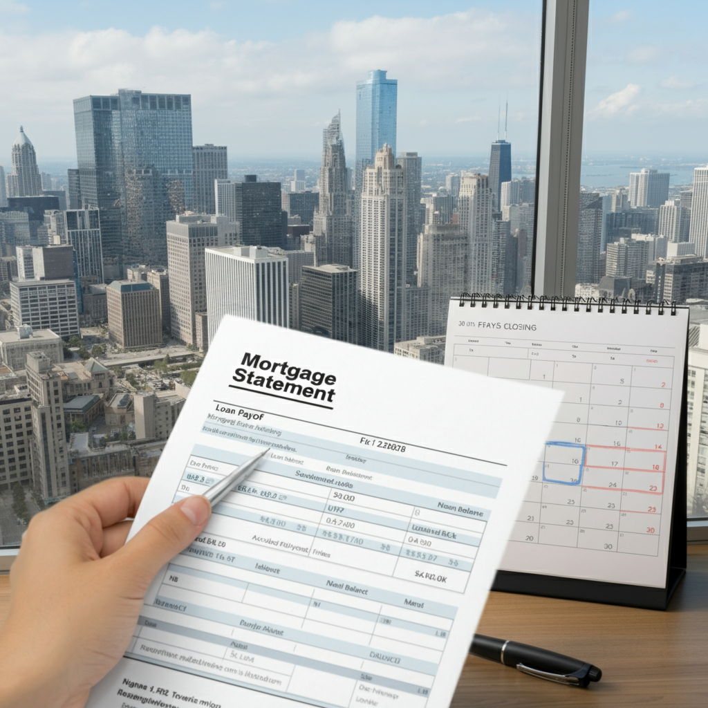 A mortgage lender's office with a payoff statement being prepared. The document shows the remaining loan balance, accrued interest, and early payoff fees. A Chicago skyline is visible through the office window, and a calendar shows 30 days before closing highlighted.