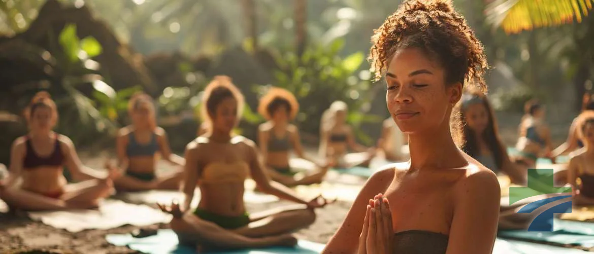 People engaging in wellness activities amidst a serene natural backdrop