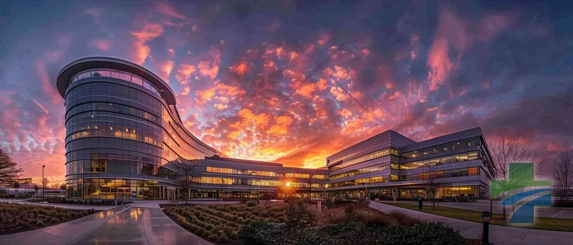 Sunrise over a modern hospital symbolizing the new dawn of nursing