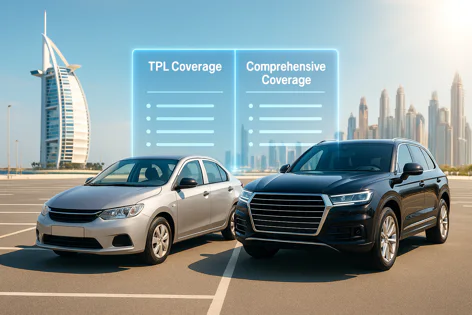 Comparing TPL Coverage and Comprehensive Coverage for cars, with a silver sedan and black SUV in a parking lot overlooking the Dubai skyline.