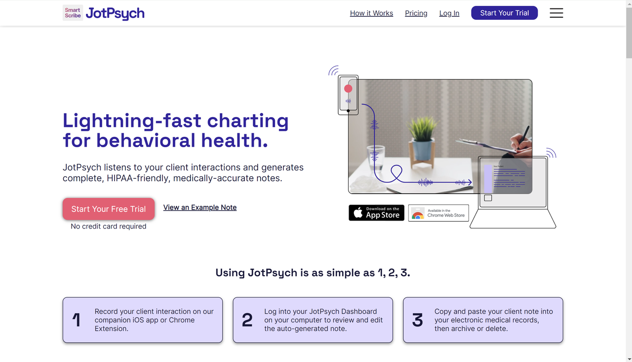 Screenshot of JotPsych's website landing page, an AI scribe