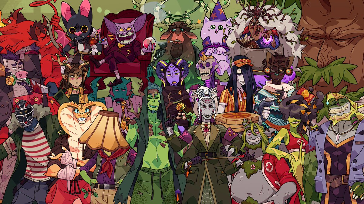 The entire cast of Monster Camp all standing next to eachother .