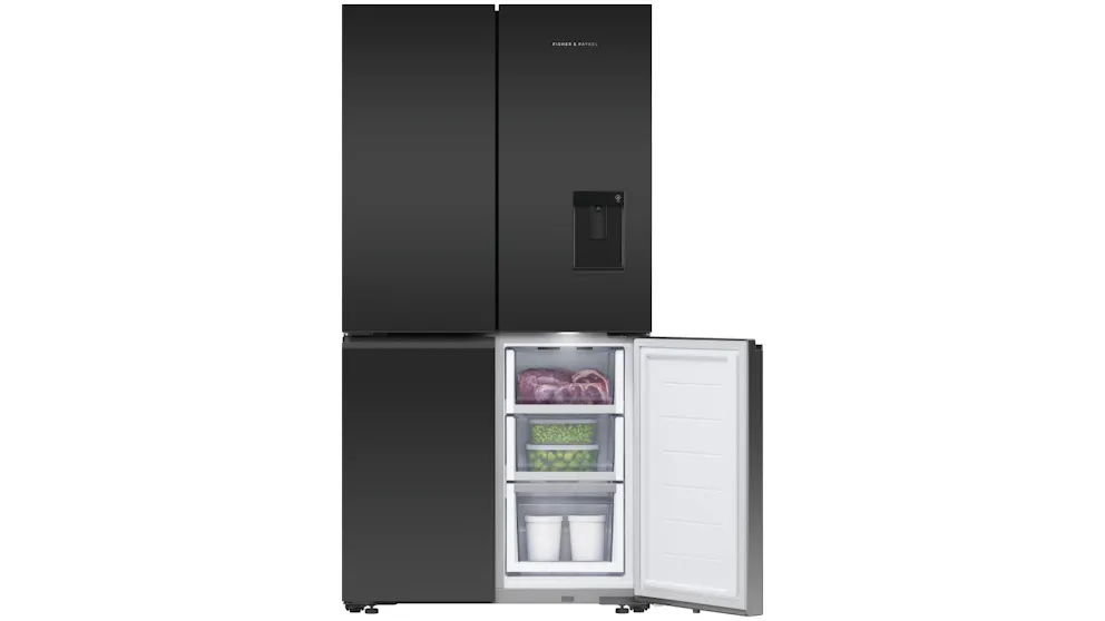 Fisher & Paykel 538L Recessed Handle Quad Door Fridge with Ice & Water Dispenser – Matte Black Glass - Image 4