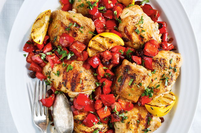 Grilled Rosemary Chicken with Sautéed Bell Peppers and Raisins