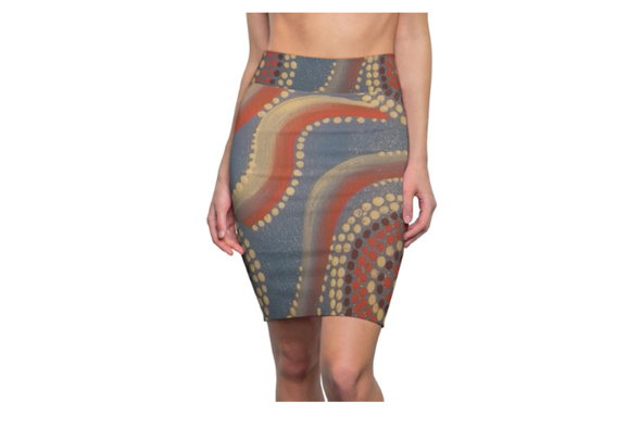 Aboriginal Dot Wave Print Pencil Skirt | Artistic Tribal Pattern