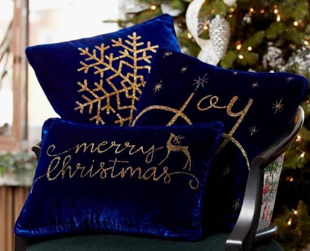 melrose blue velvet merry Christmas joy pillows with gold embellishments