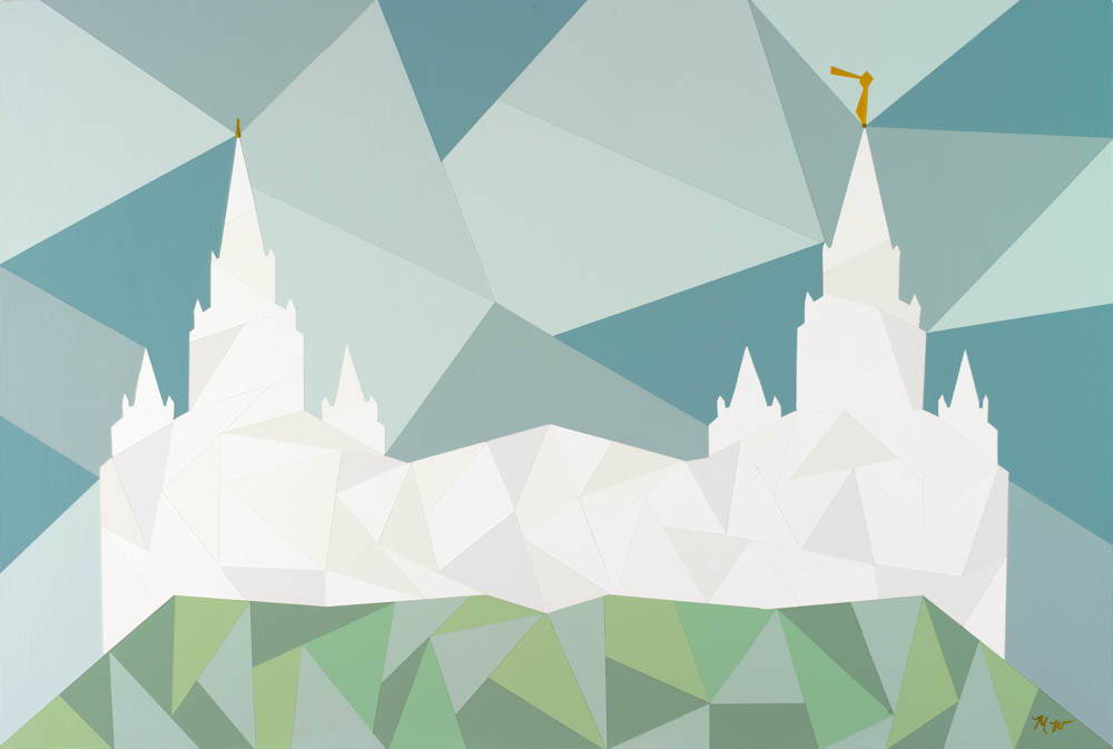 Geometric painting of the San Diego Temple on a green hill. 