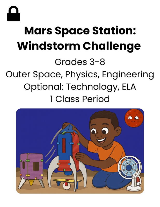 A student builds a Mars space station model using 3DuxDesign cardboard shapes and connectors while testing its stability with a small fan to simulate a windstorm. The scene includes a rocket-style structure, a habitat module, and a cartoon Mars in the background to highlight lessons in outer space physics and engineering for grades 3–8.