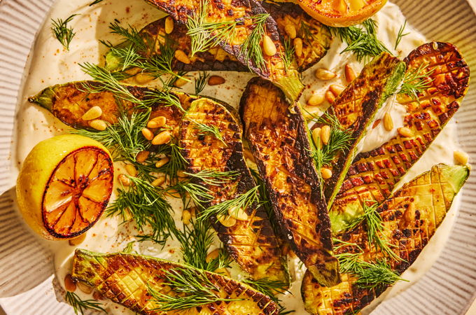 Courgettes et citron rôtis, yogourt au miel