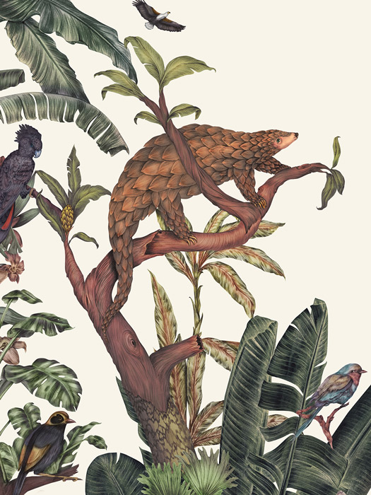 Cream & green jungle parrot wallpaper mural - Feathr™ Official Site