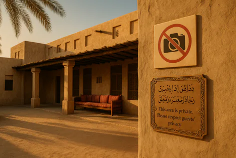 Traditional Arabic style building patio with seating bench in warm light, displaying a no photography sign and a plaque warning 'This area is private'.