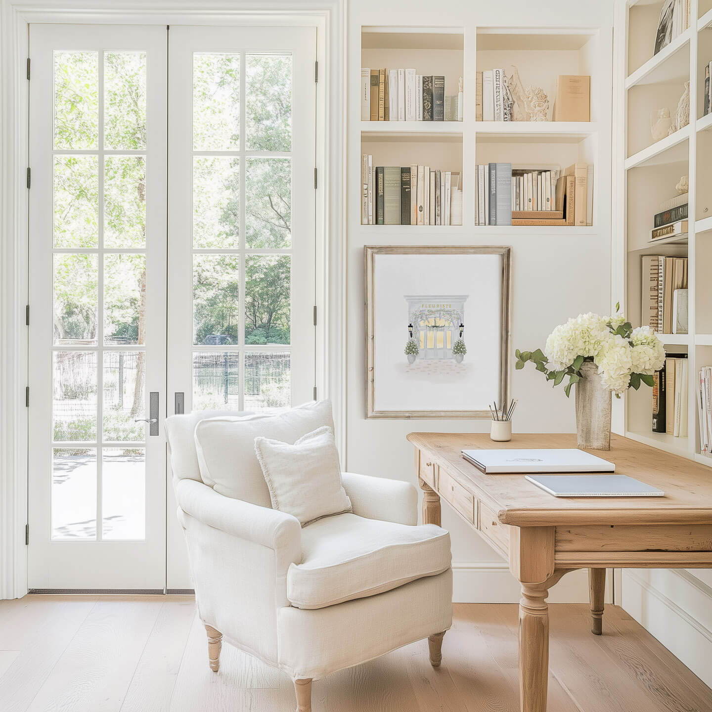 Cute french country style office with wood desk and white chair featuring a watercolor painting of a French floral shop on the wall by artist Leah Straatsma.