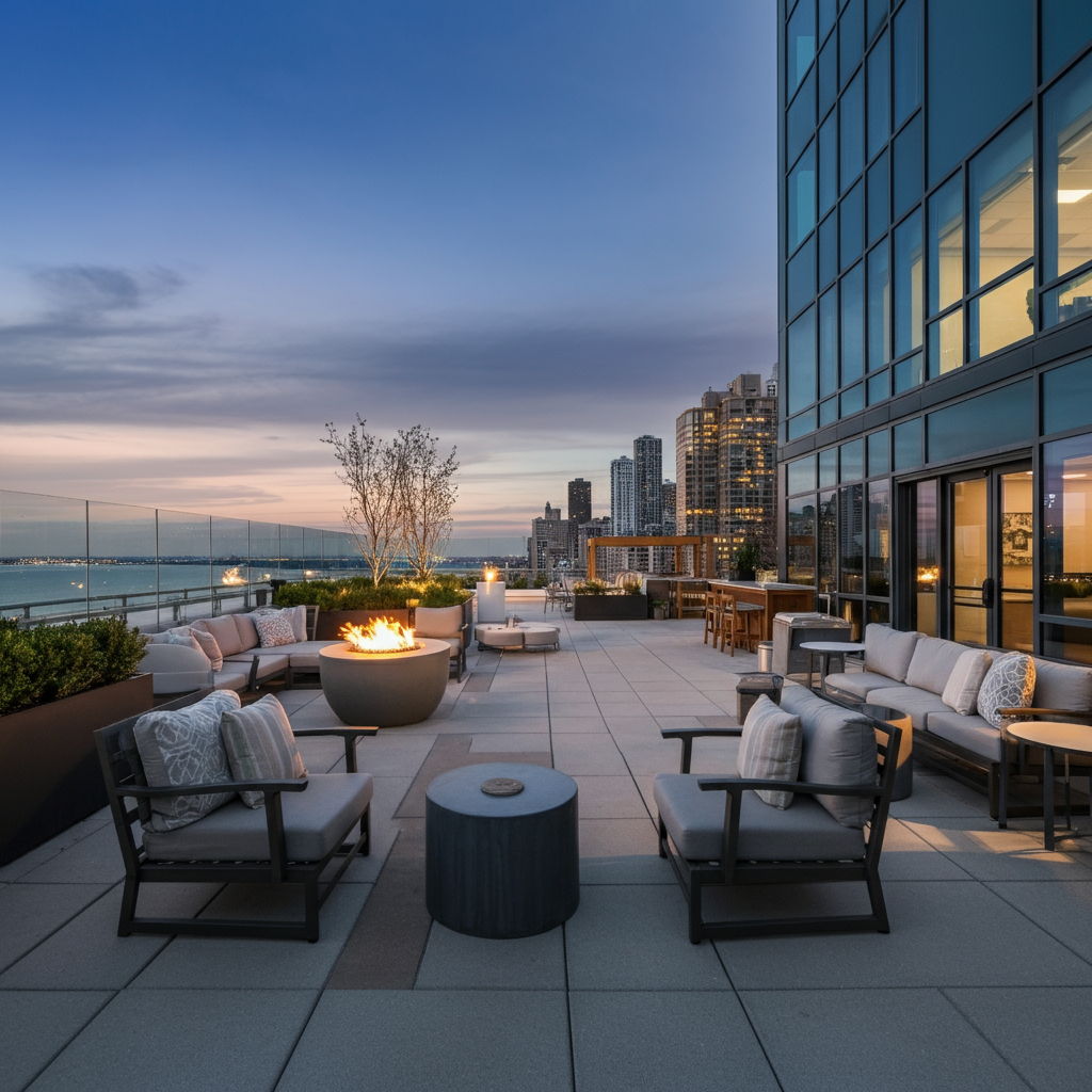 A luxurious rooftop deck on a Streeterville high-rise with comfortable seating areas, fire pits, and panoramic views of Lake Michigan and the Chicago skyline. The space is elegantly designed with landscaping and outdoor kitchens, representing the premium amenities that significantly enhance property value.
