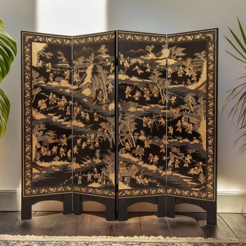 Chinese gilt black lacquer room dividers depicting the traditional Chinese 100 boys painting
