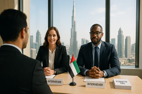 Three people in a modern office, two interviewers speaking with an applicant. Dubai skyline with Burj Khalifa visible through the window. Desks have 'INTERVIEWER' nameplates and a UAE flag.