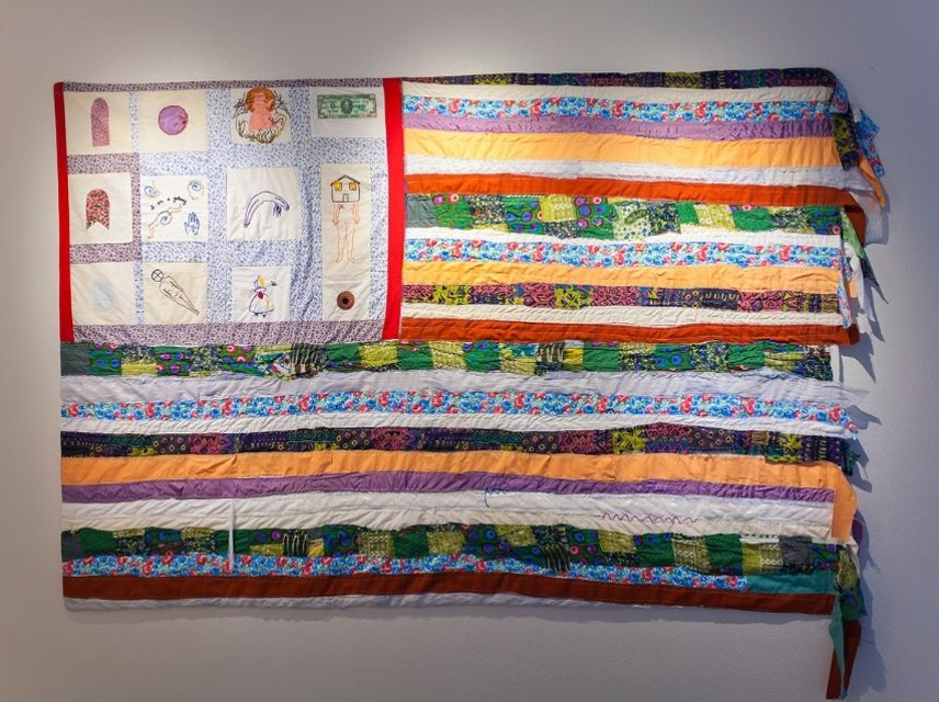 Jenelle Esparza (American, born 1985),​ "Continent," 2017​, 72 × 100 in. (182.9 × 254 cm), Handmade quilt, recycled fabric and clothing, embroidered blocks, batting, cotton blends​, San Antonio Museum of Art, Gift of Zoe A. Diaz, 2021.8