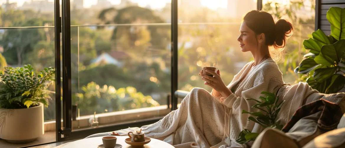 Travel nurse enjoys serene morning on balcony, embodying work-life balance.