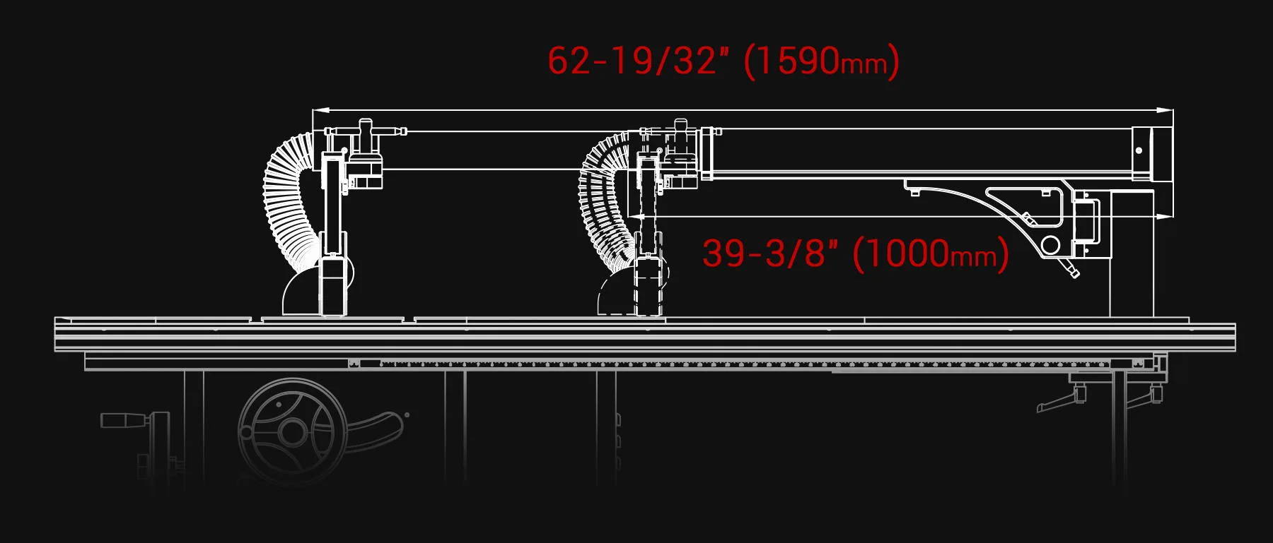 universal overhead guard table saw accessory Shark S10 has telescopic reach with a upper arm spanning from 1000 mm to 1,590 mm (39-3/8" to 62-19/32") offering full 590 mm (23-7/32") range of motion.