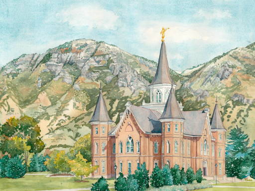 Painting of the Provo City Center Temple with mountains in the background.