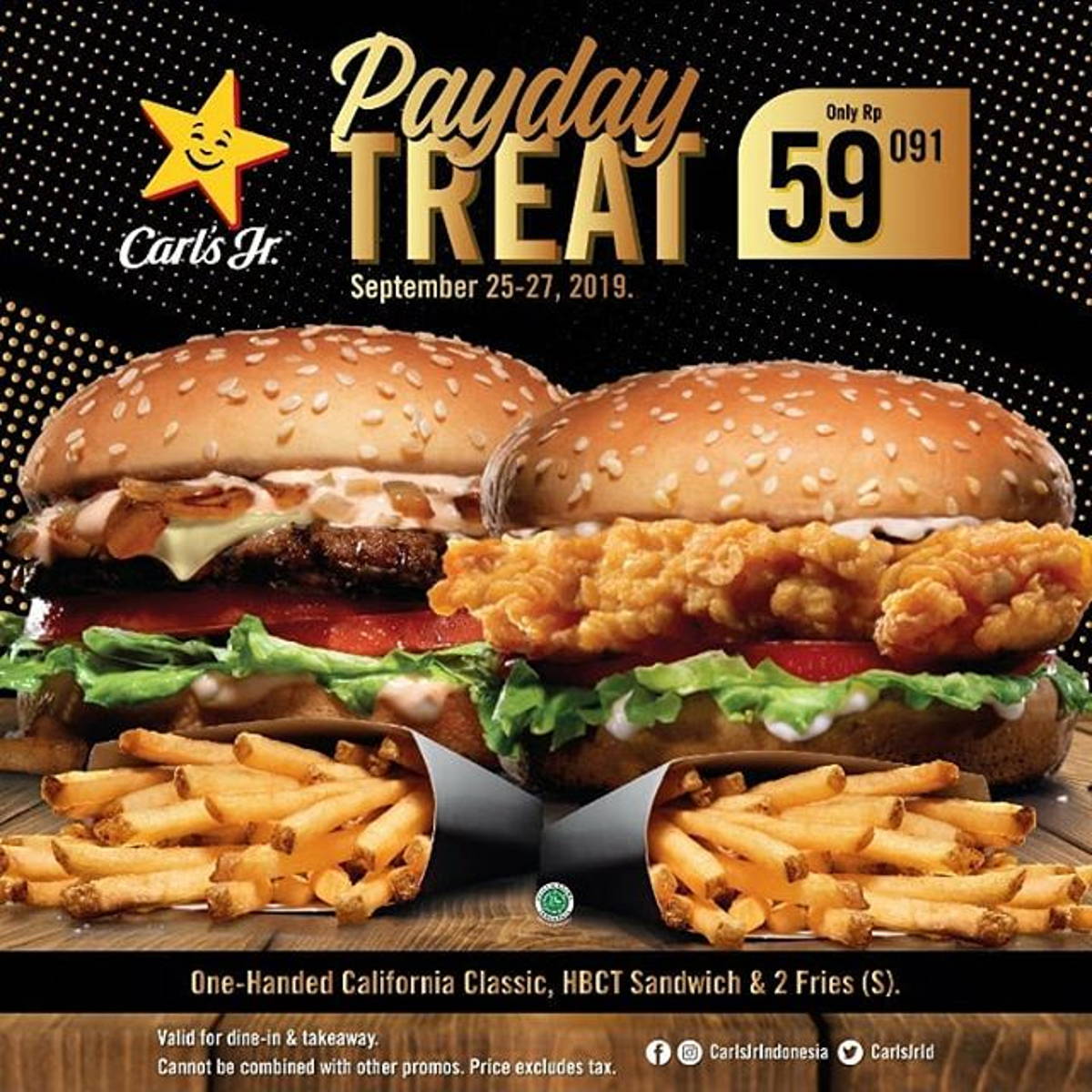 Katalog Promo: Carl’s Jr.: PROMO hemat 2 Burger (One-Handed California Classic + Hand-Breaded Chicken Tender Sandwich) + 2 Fries (S) HANYA dengan Rp. 59,091 - 1