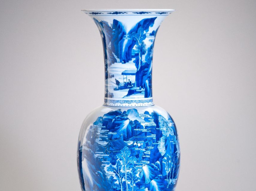 Vase Painted with Landscape, Chinese, 1661-1722  Porcelain with cobalt blue underglaze  h. 30 in. (76.2 cm); diam. 11 in. (27.9 cm)  San Antonio Museum of Art, gift of Lenora and Walter F. Brown, 2008.21.24