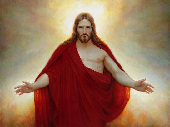 Jesus in a red robe with His arms outstretched. Gold light shines out from behind Him. 
